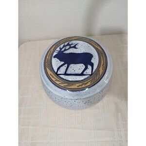 Asian Splatter Pottery Blue White Elk LidPot Jar Crock 7" Primitive Rustic Decor
